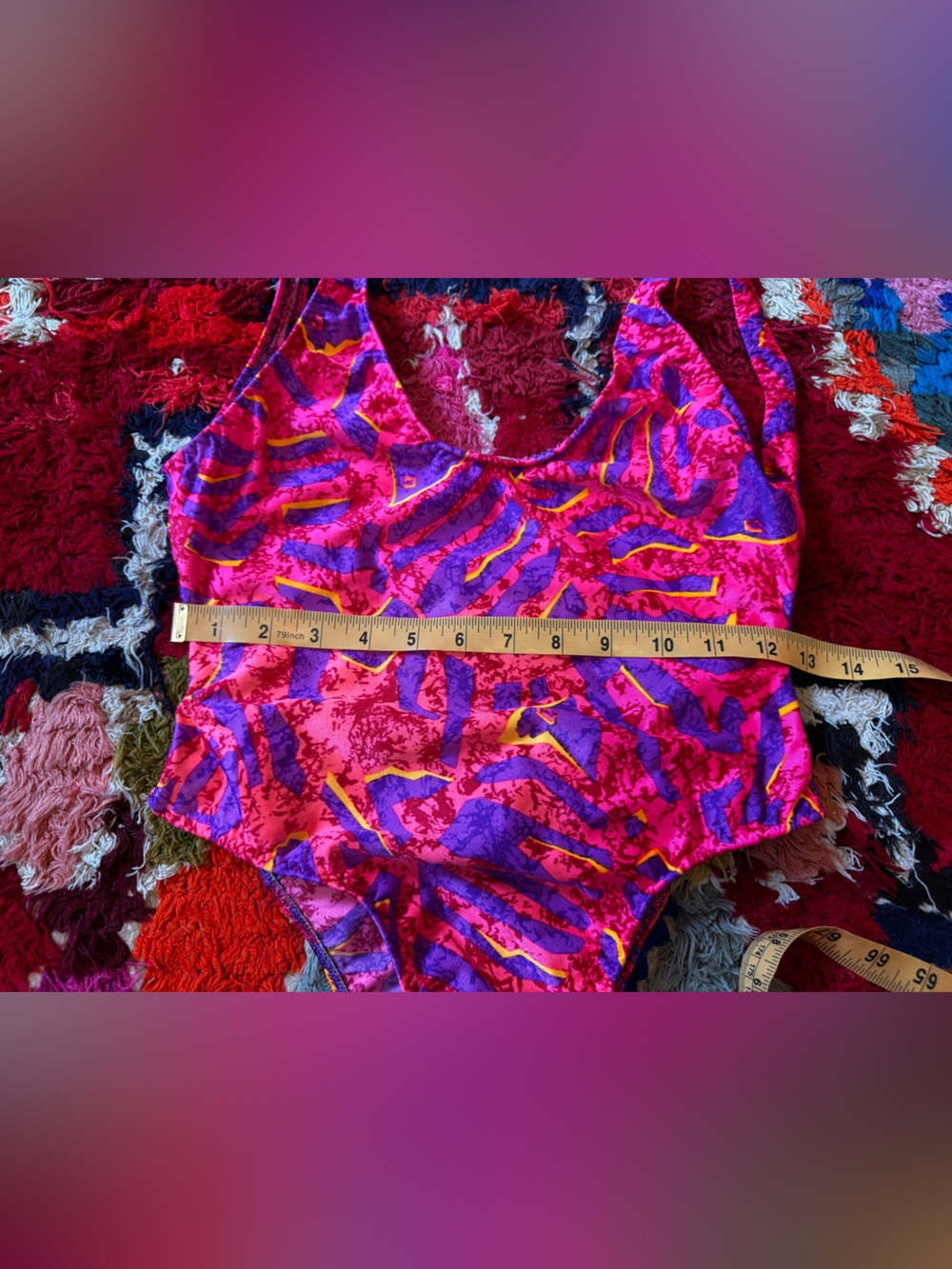 80s Vintage Bright Pink Abstract Print High Cut One Piece Sz M - Picture 5 of 8